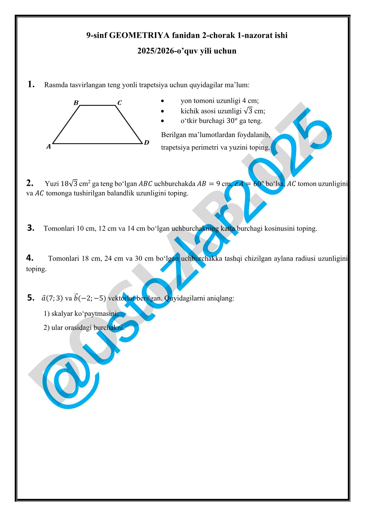 9-sinf Geometriya 2-chorak 1-nazorat ishi