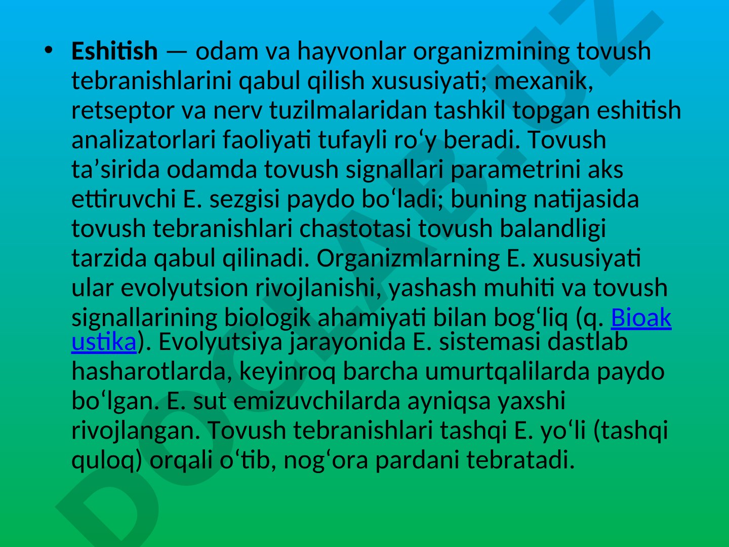Eshitish analizatori tuzilishi va tovush qabul qilish jarayoni
