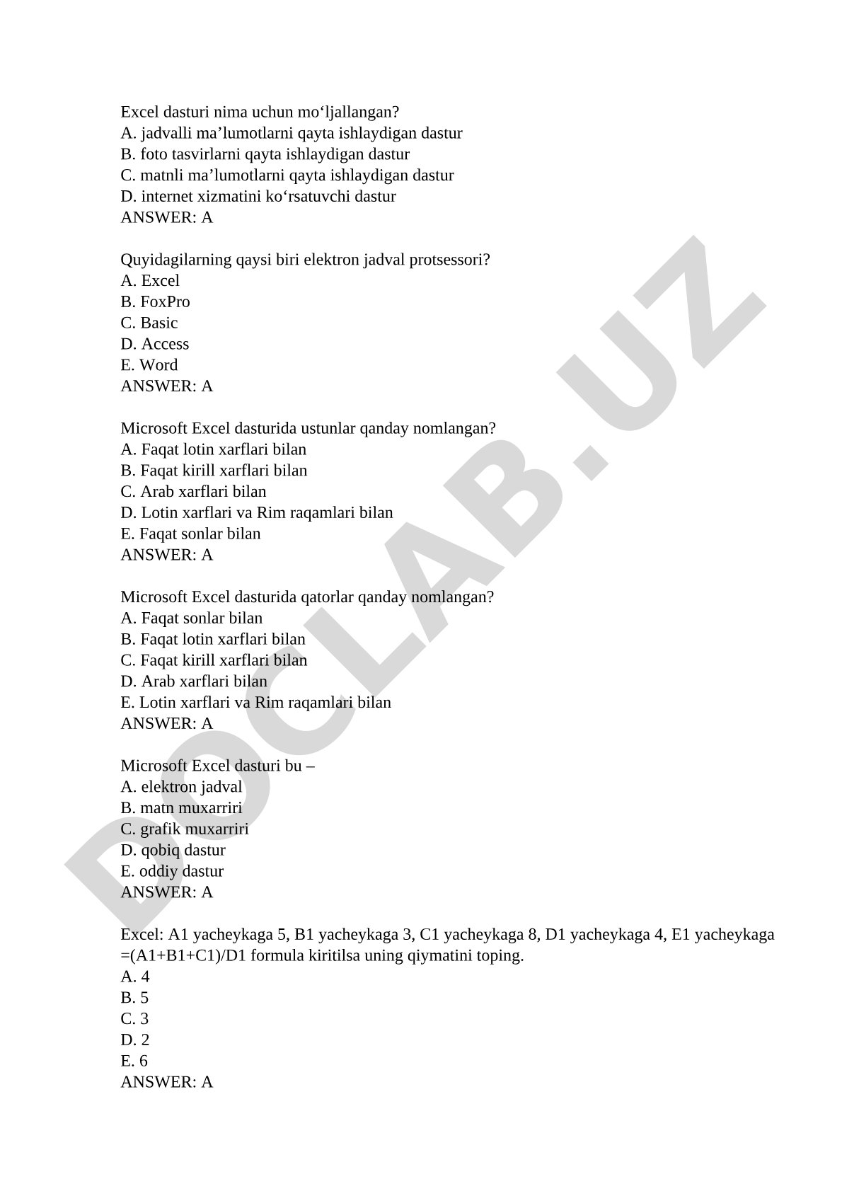 Microsoft Excel dasturi bo'yicha test savollari