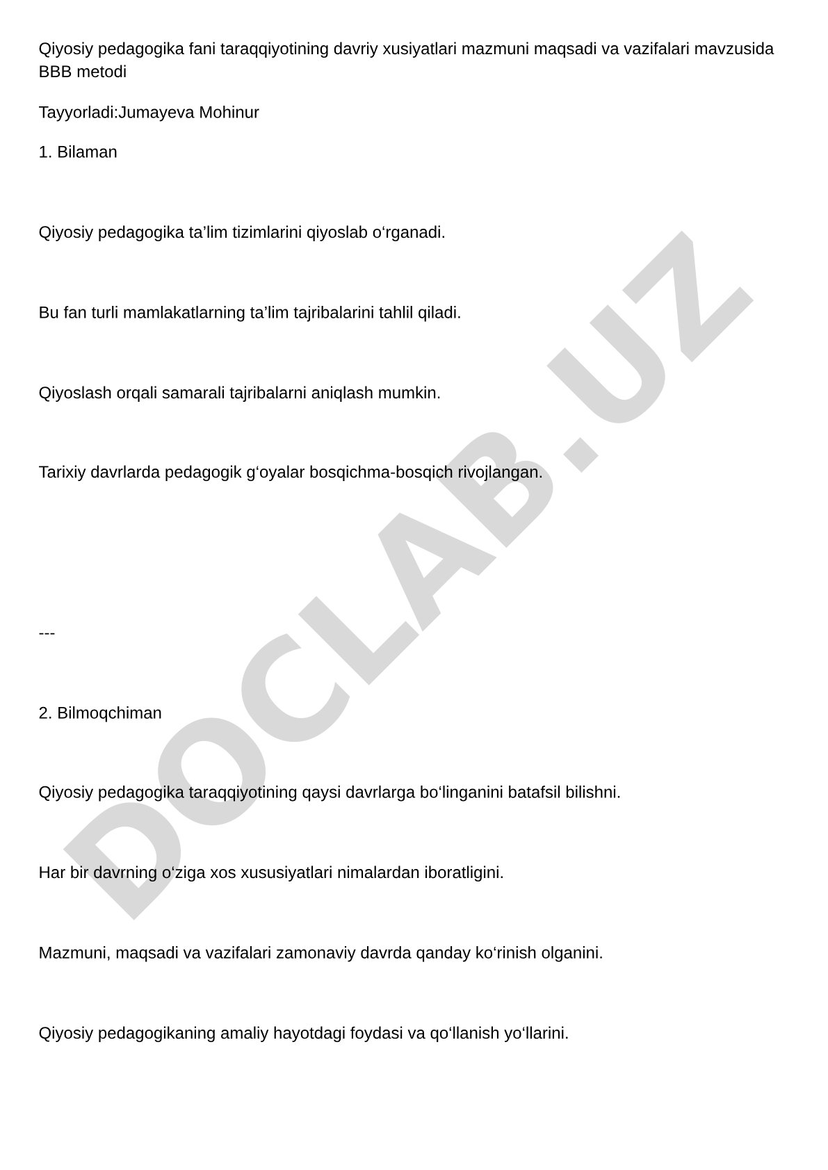 Qiyosiy pedagogika fani taraqqiyotining davriy xususiyatlari mazmuni maqsadi va vazifalari