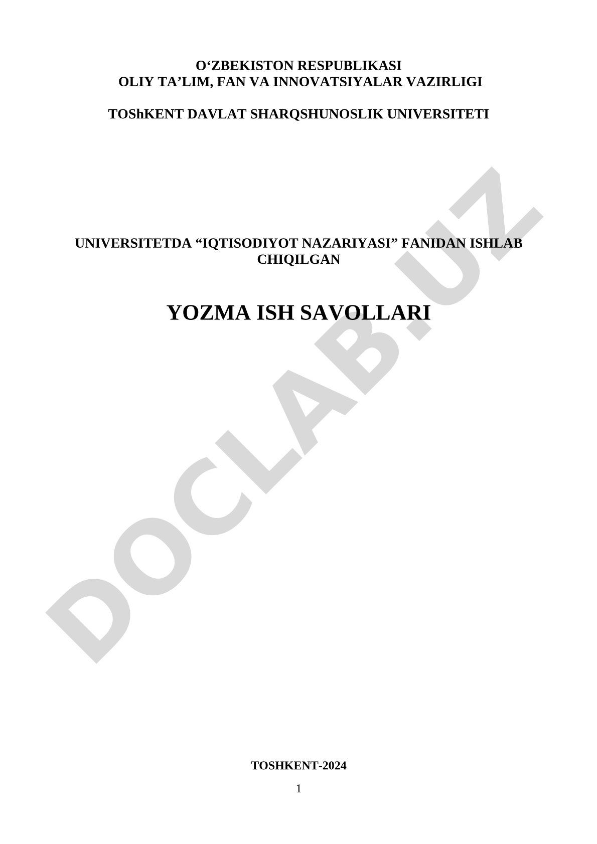 IQTISODIYoT NAZARIYaSI FANIDAN IShLAB ChIQILGAN YoZMA ISh SAVOLLARI