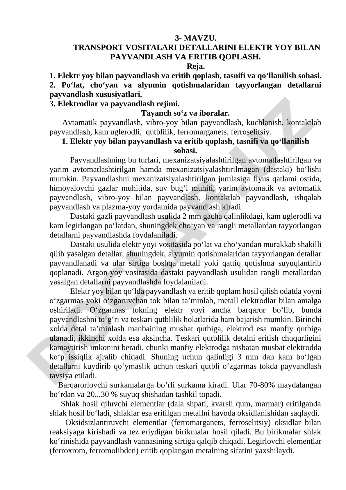 TRANSPORT VOSITALARI DETALLARINI ELEKTR YOY BILAN PAYVANDLASH VA ERITIB QOPLASH