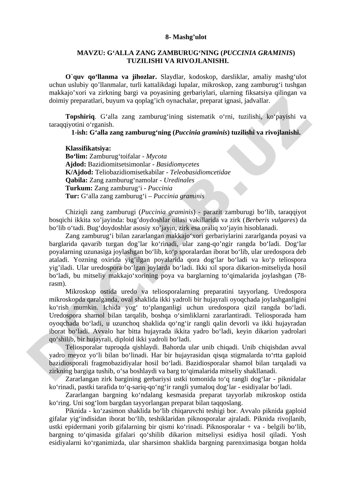 G‘ALLA ZANG ZAMBURUG‘NING (PUCCINIA GRAMINIS) TUZILISHI VA RIVOJLANISHI
