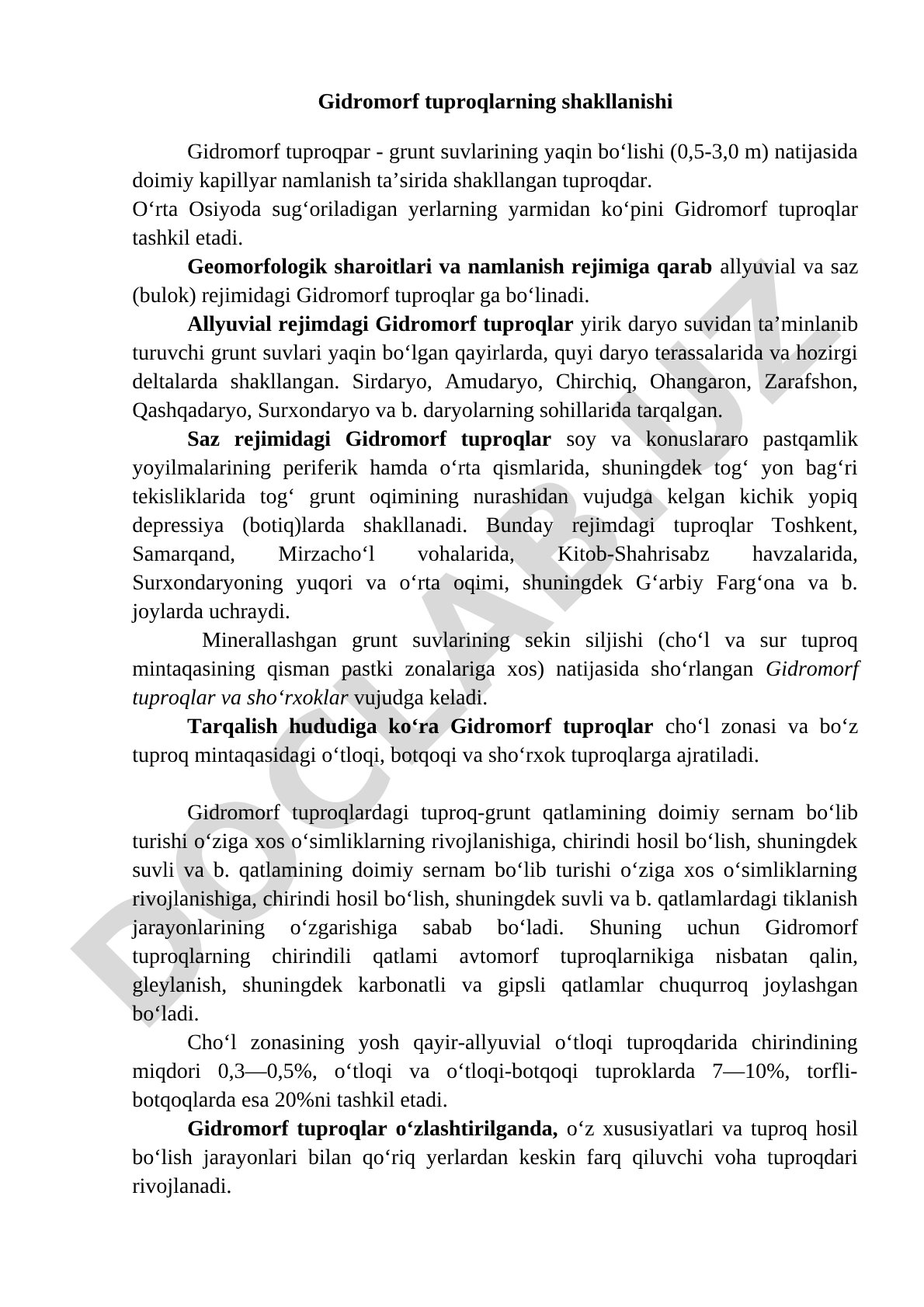 Gidromorf tuproqlar, ularning shakllanish sharoitlari va rejimlari haqida malumot