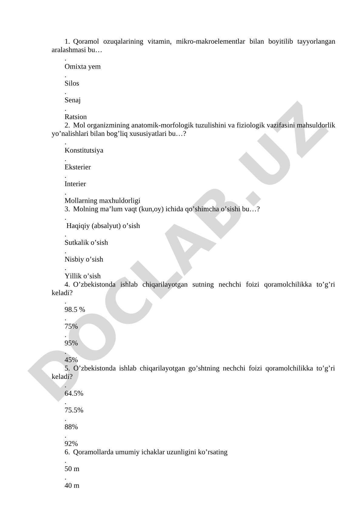 Qoramolchilik bo'yicha test savollari