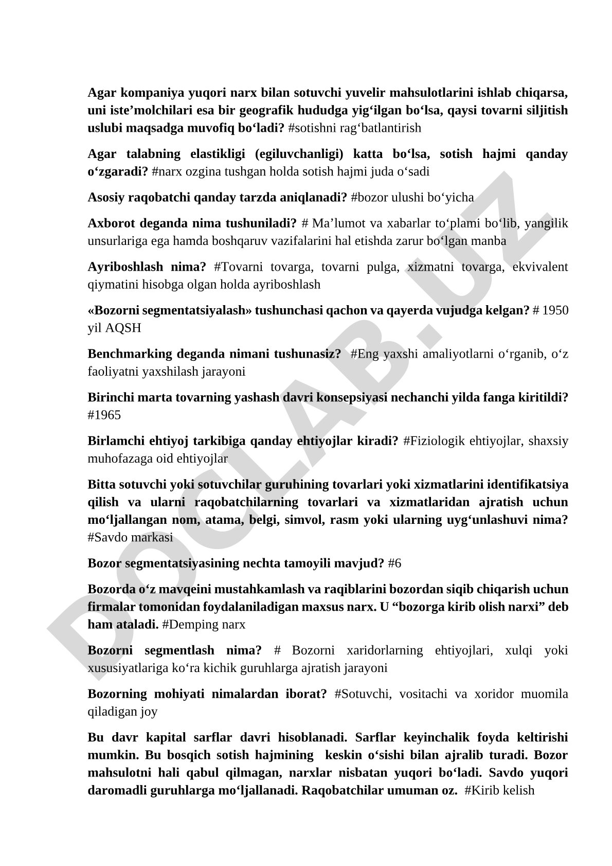 Marketing bo'yicha test savollari