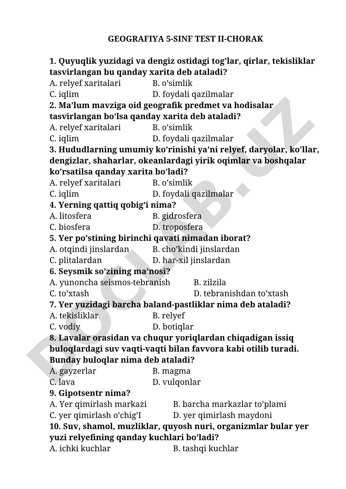 Geografiya 5-sinf test II-chorak