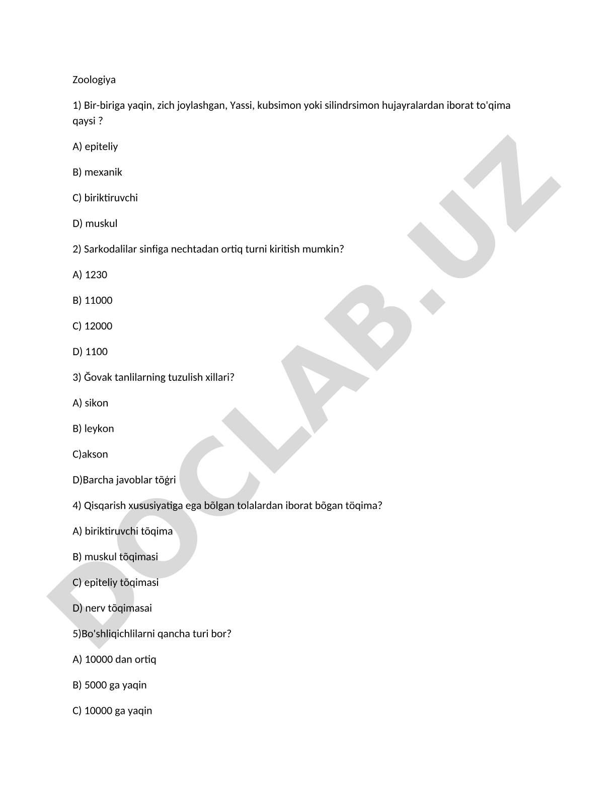 Zoologiya fanidan test savollari