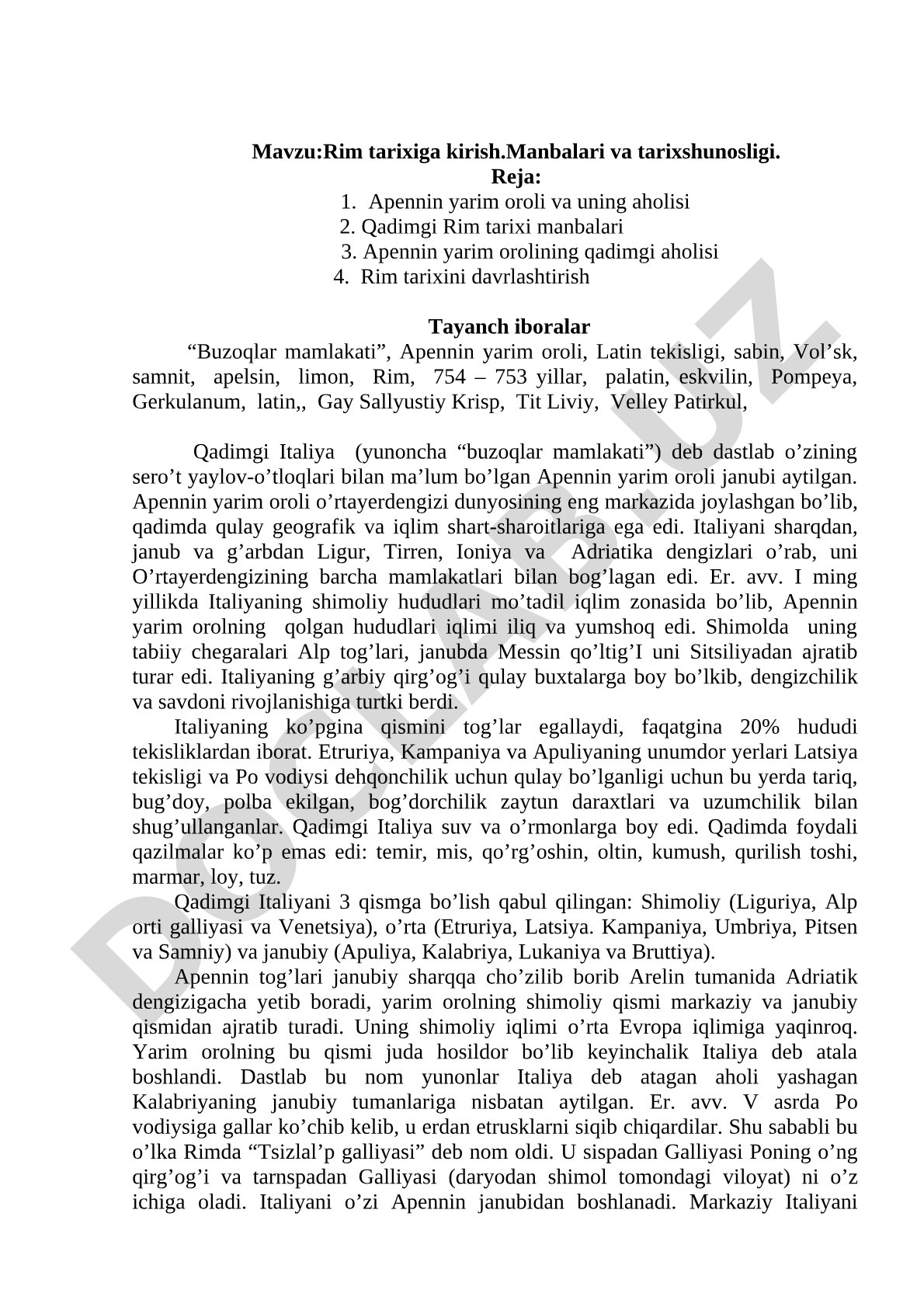 Rim tarixiga kirish. Manbalari va tarixshunosligi.