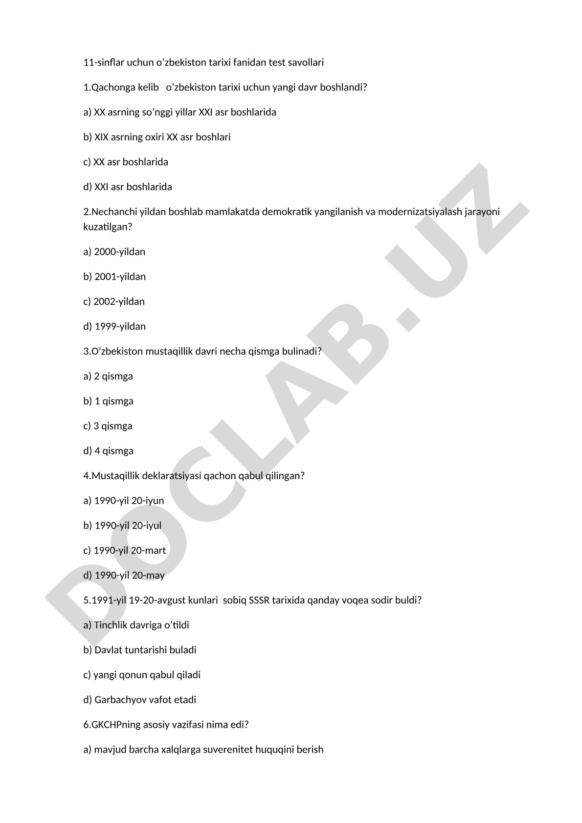 O‘zbekiston tarixi fanidan test savollari (11-sinf)