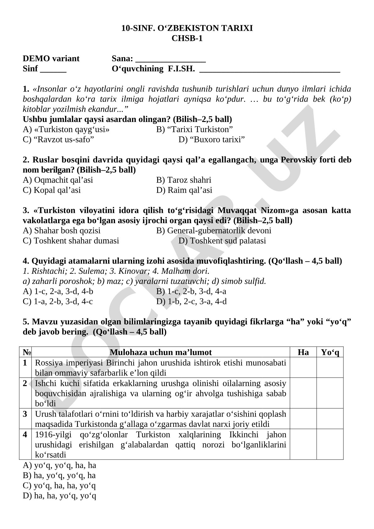 10-sinf O'zbekiston tarixi CHSB-1 demo testi