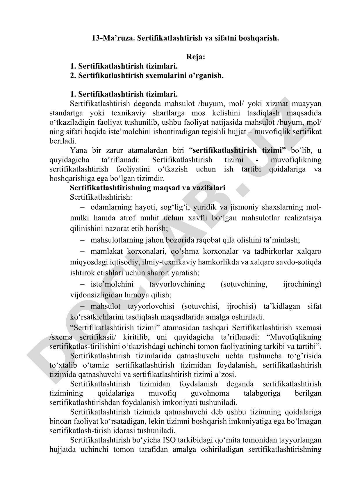 Sertifikatlashtirish va sifatni boshqarish