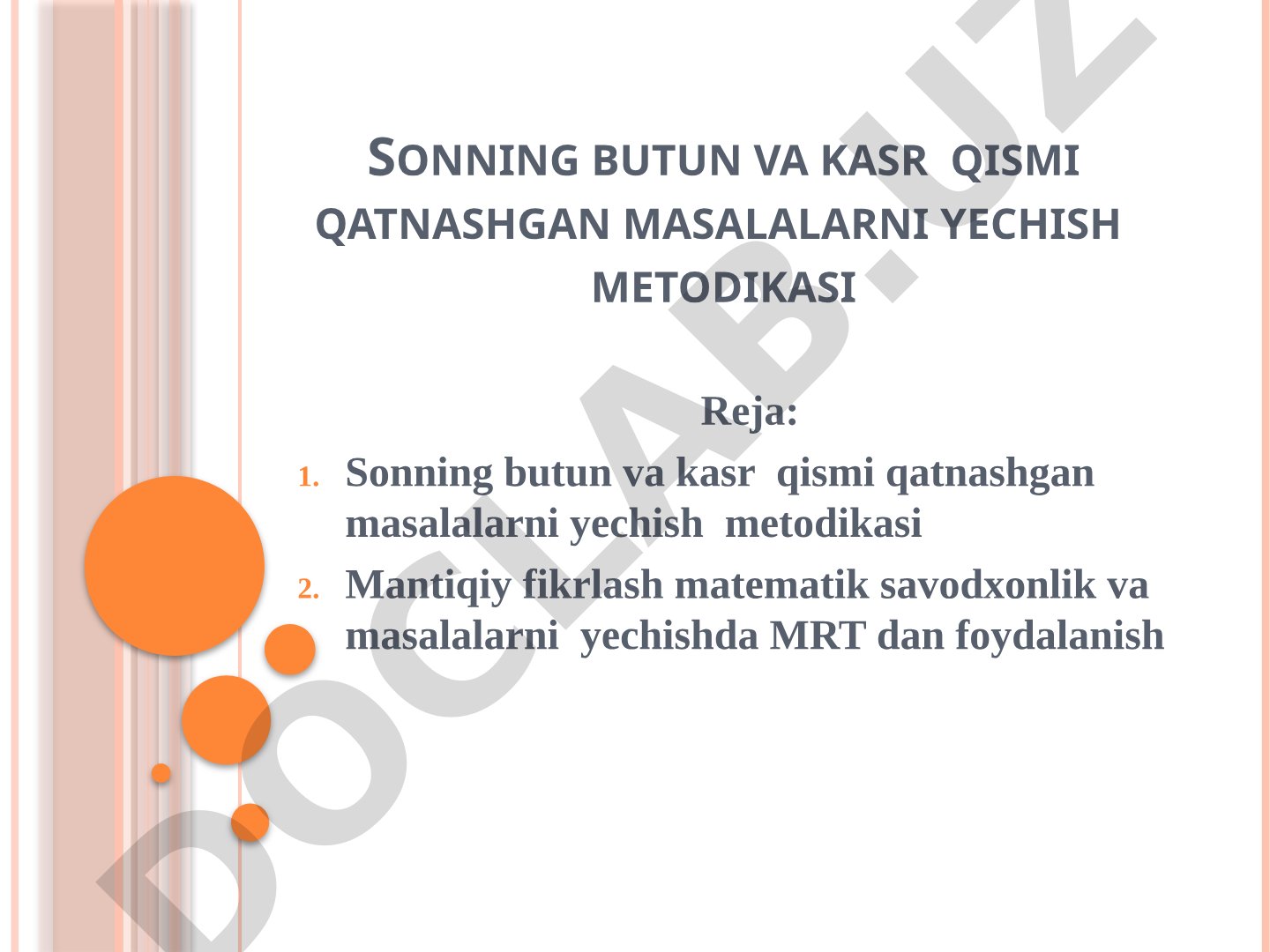 Sonning butun va kasr qismi qatnashgan masalalarni yechish metodikasi