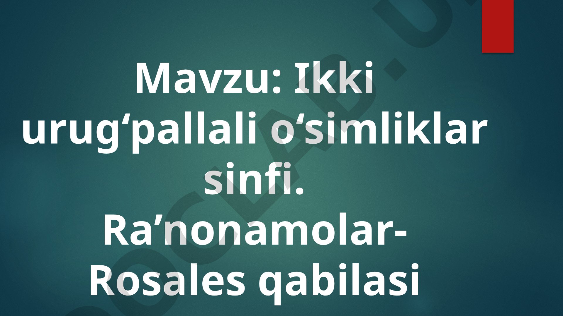 Ikki urug‘pallali o‘simliklar sinfi. Ra’nonamolar- Rosales qabilasi