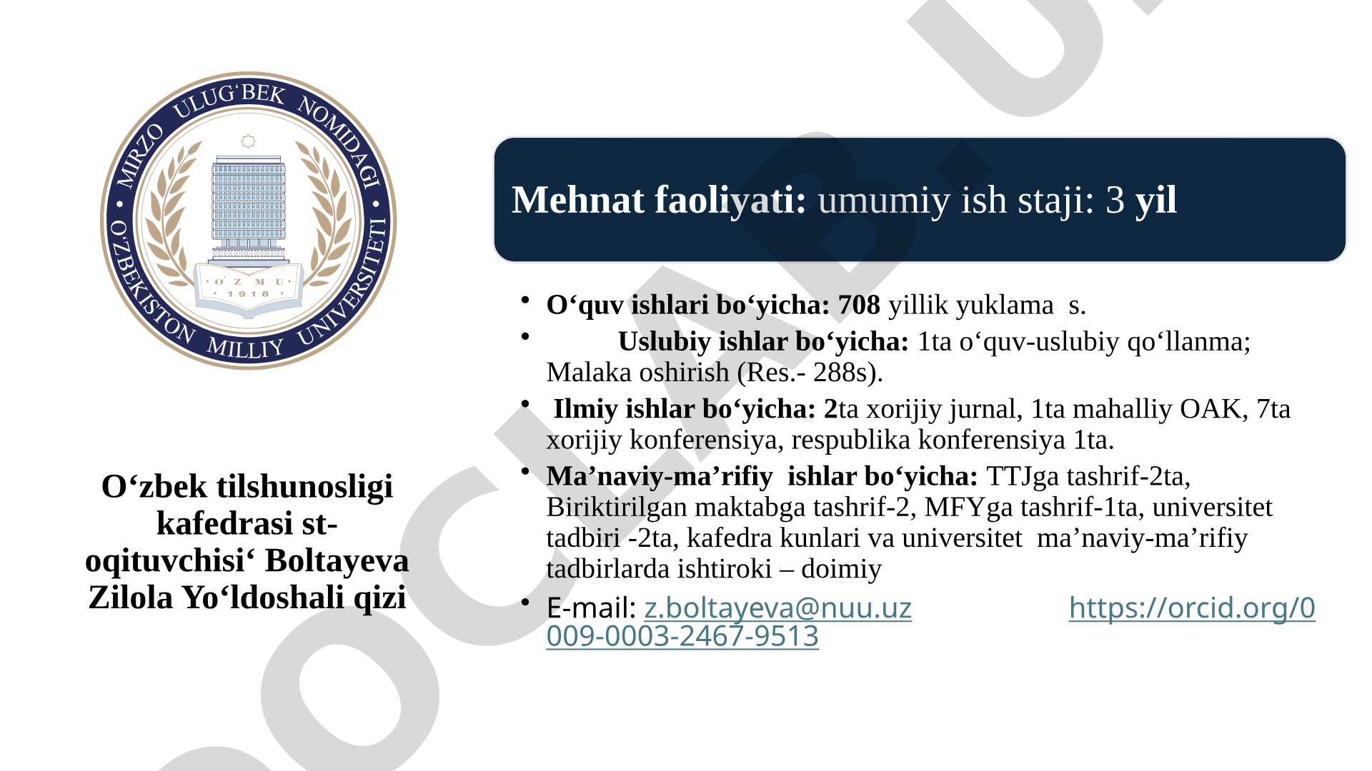 O'zbek tilshunosligi kafedrasi o'qituvchisi Boltayeva Zilola Yo'ldoshali qizi faoliyati