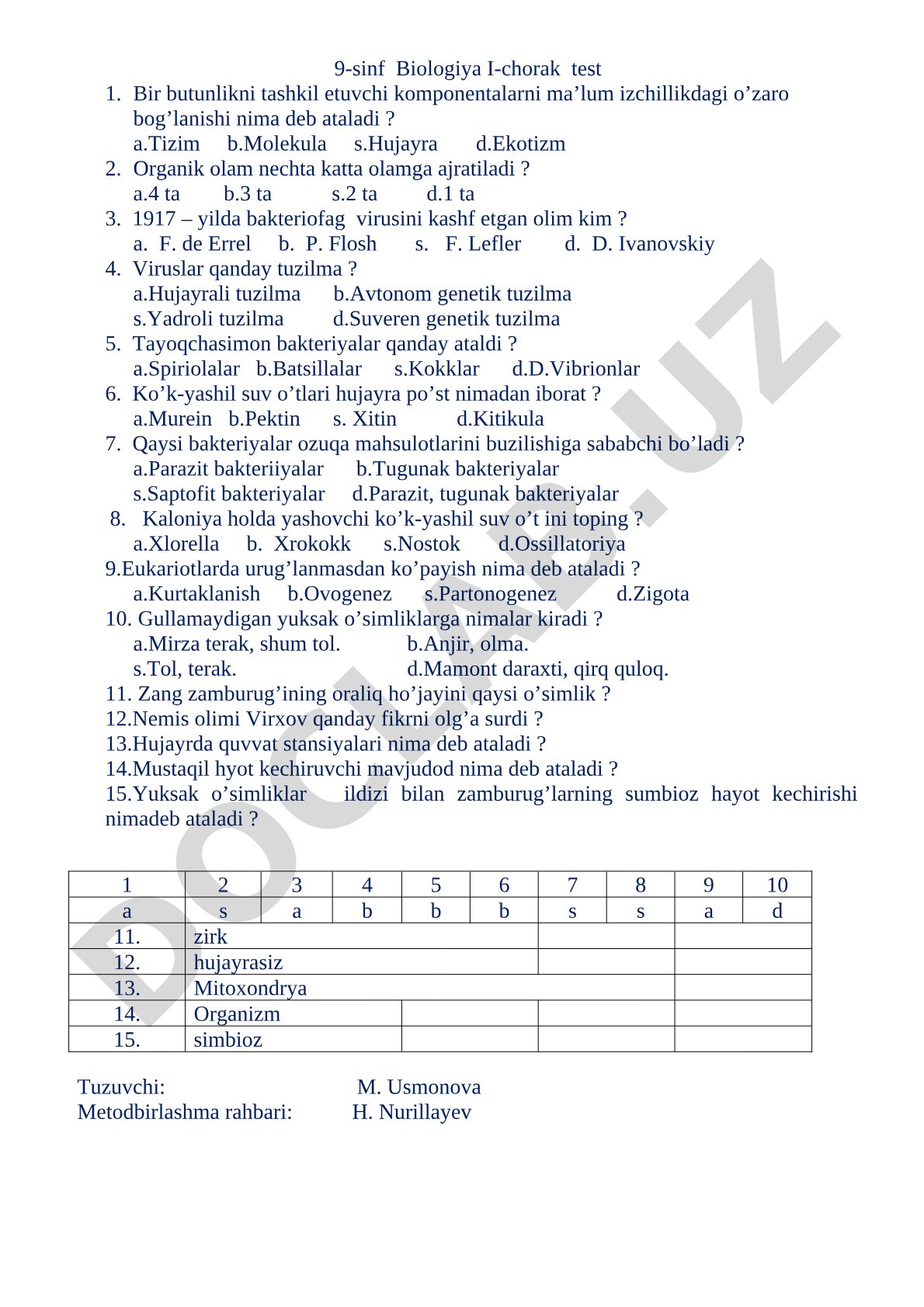 9-sinf Biologiya I-chorak test
