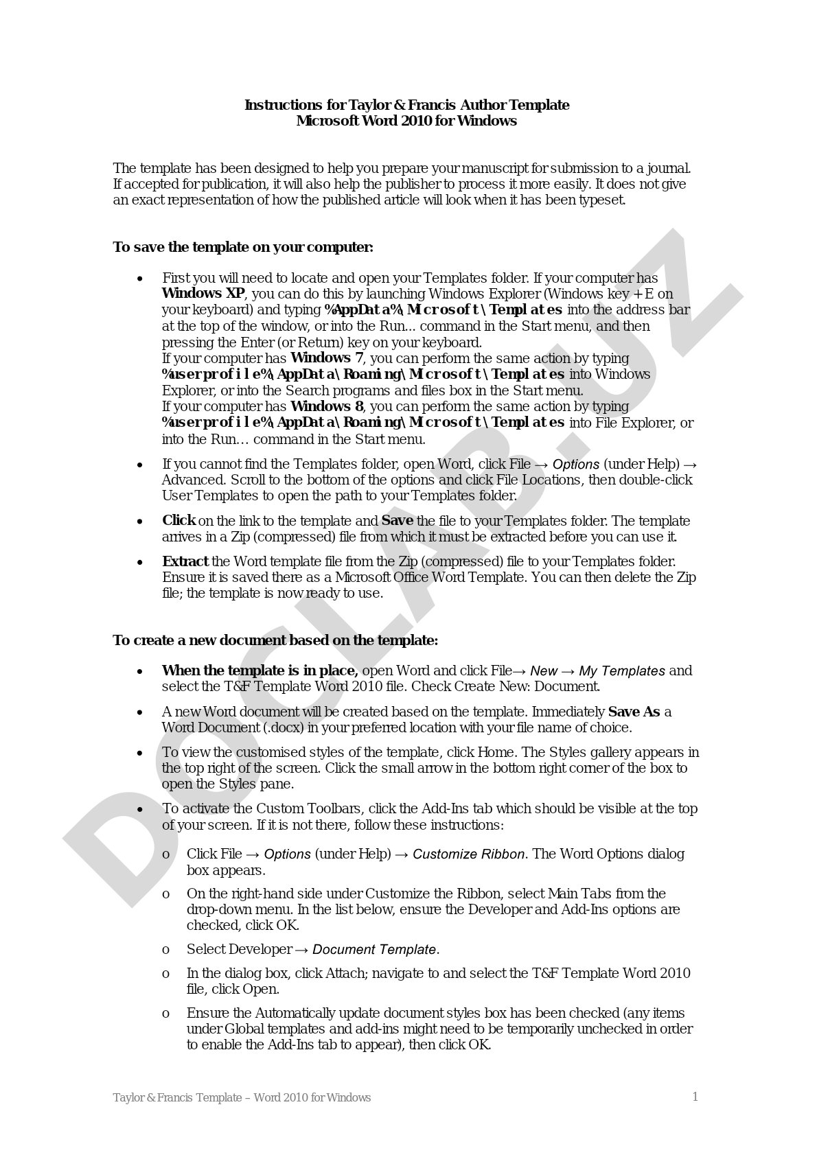 Taylor & Francis Author Template Microsoft Word 2010 for Windows