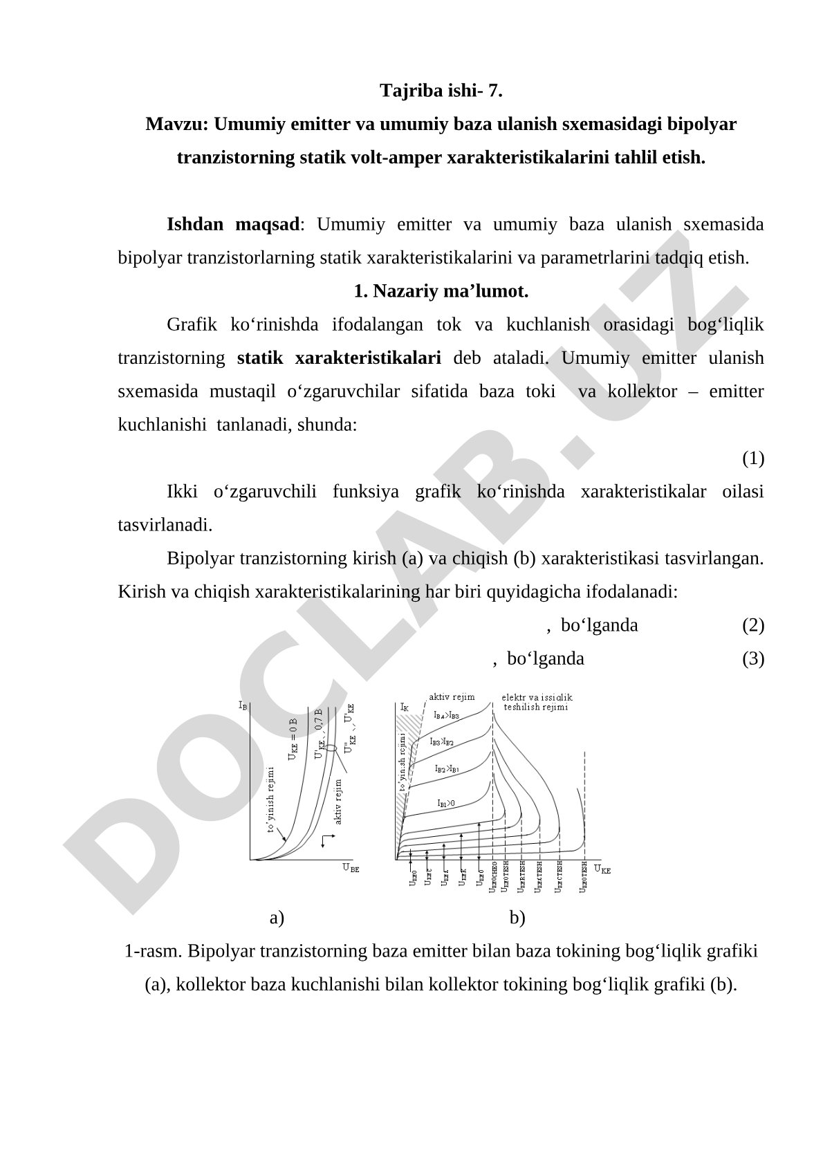 Umumiy emitter va umumiy baza ulanish sxemasidagi bipolyar tranzistorning statik volt-amper xarakteristikalarini tahlil etish