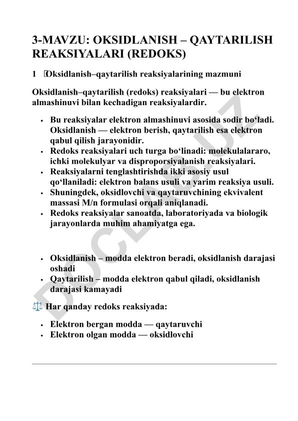 Oksidlanish – qaytarilish reaksiyalari (redoks)