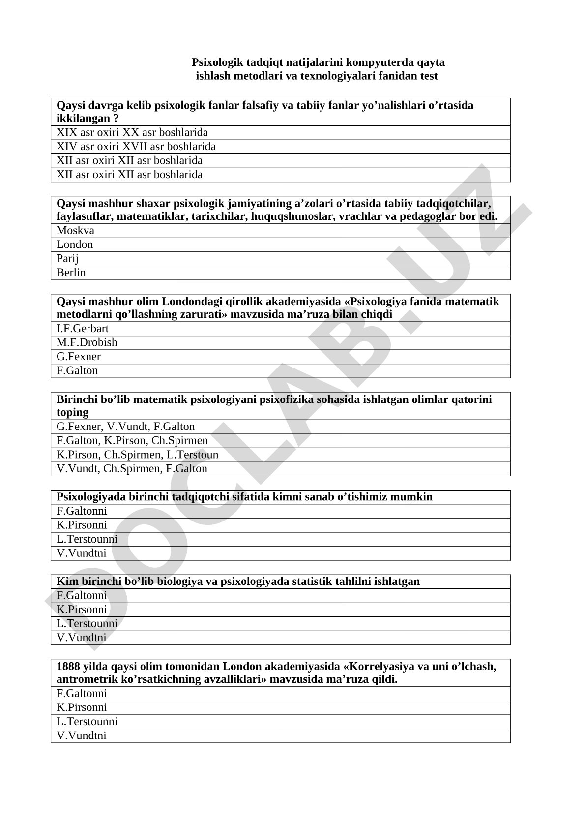 Psixologik tadqiqt natijalarini kompyuterda qayta ishlash metodlari va texnologiyalari