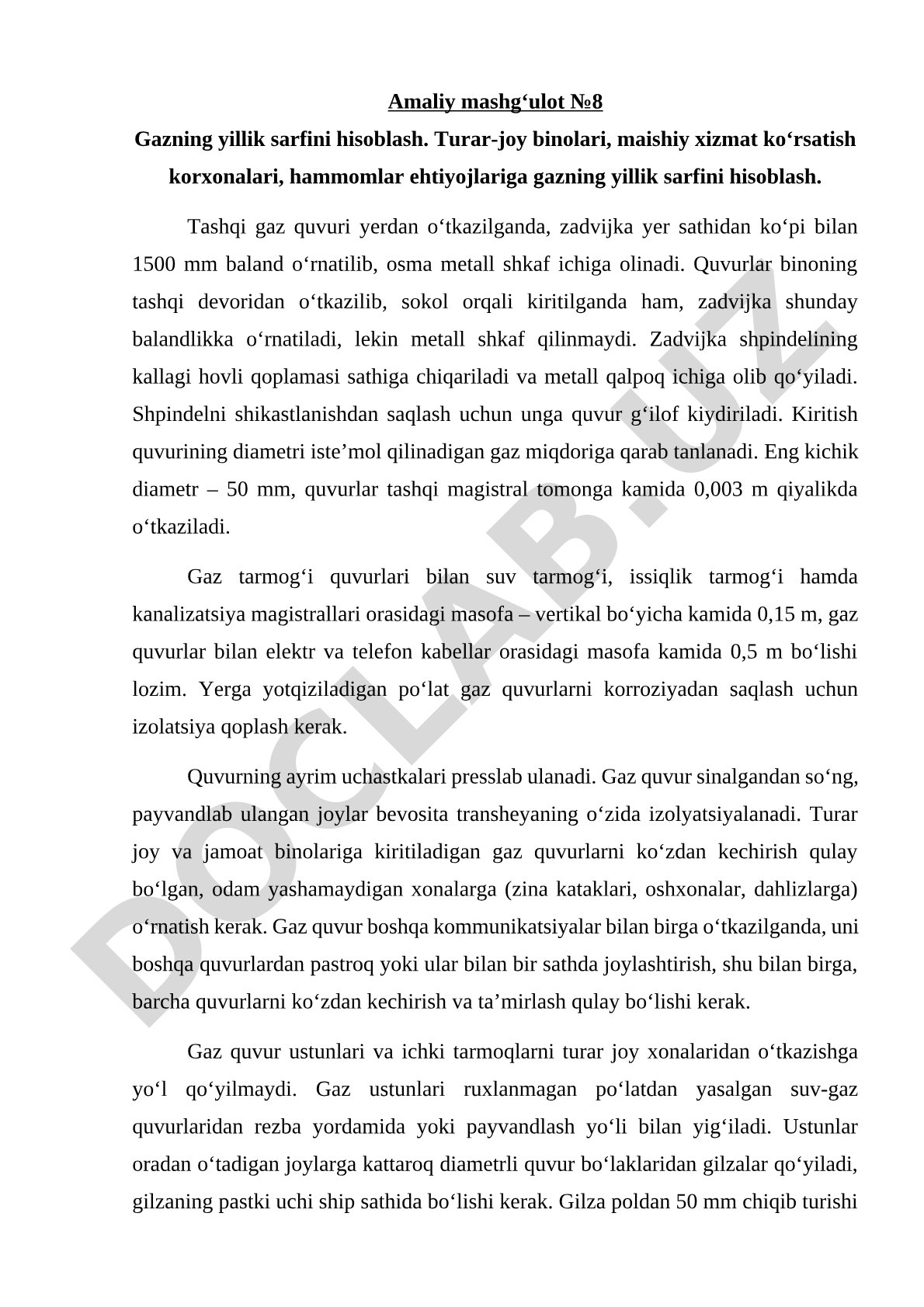 Gazning yillik sarfini hisoblash va tashqi gaz quvurlari o'rnatish qoidalari