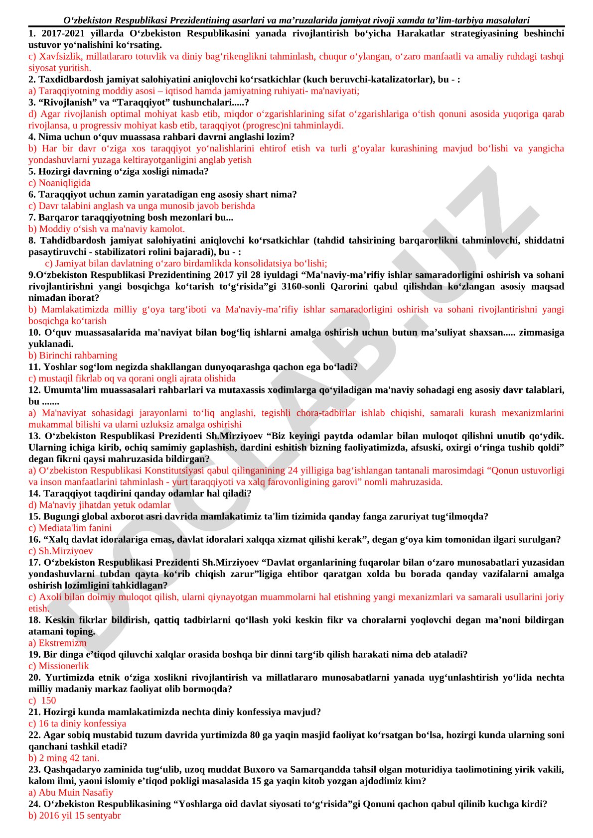 O‘zbekiston Respublikasi Prezidentining asarlari va ma’ruzalarida jamiyat rivoji hamda ta’lim-tarbiya masalalari