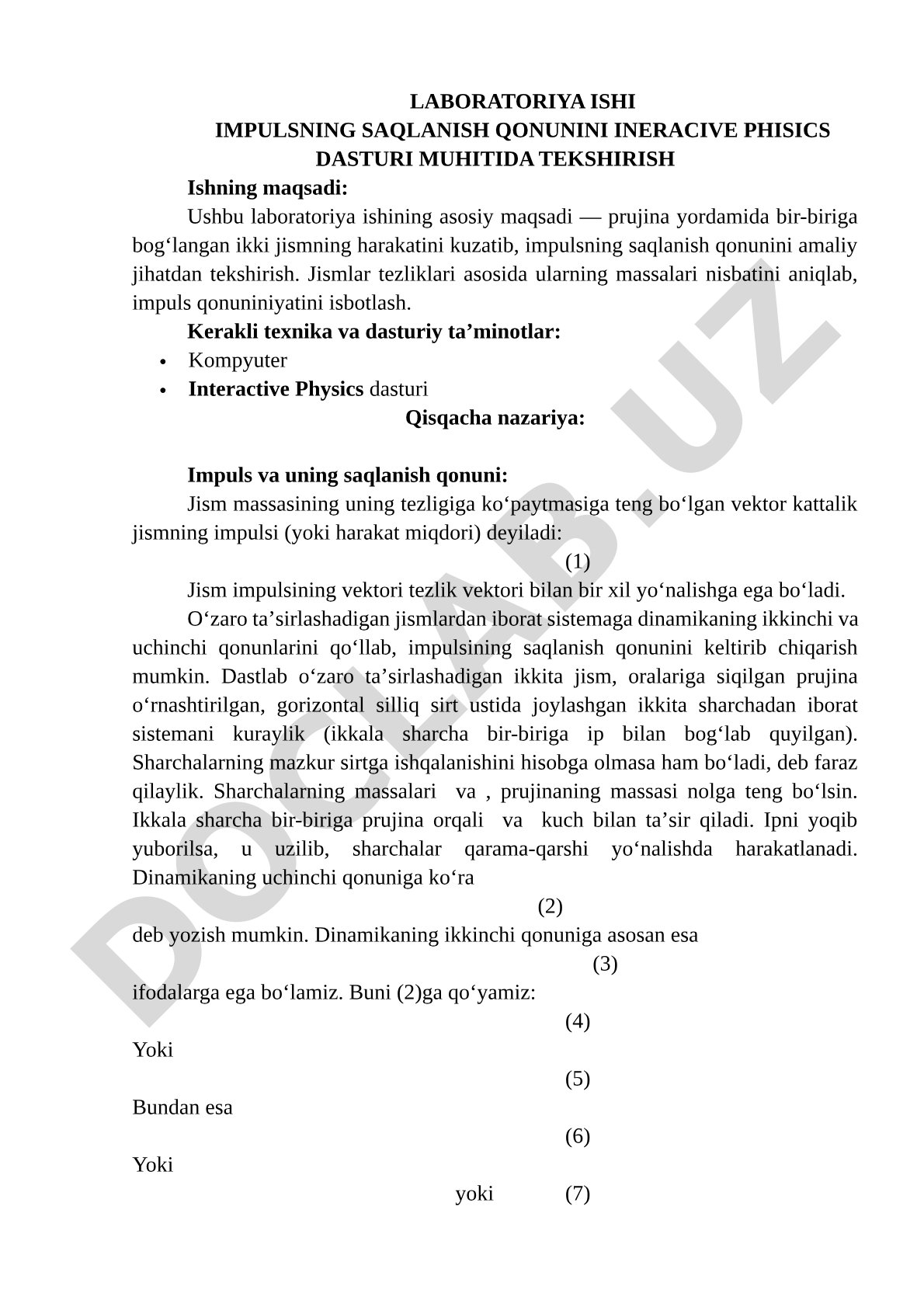 Laboratoriya ishi impulsning saqlanish qonunini Interactive Physics dasturi muhitida tekshirish