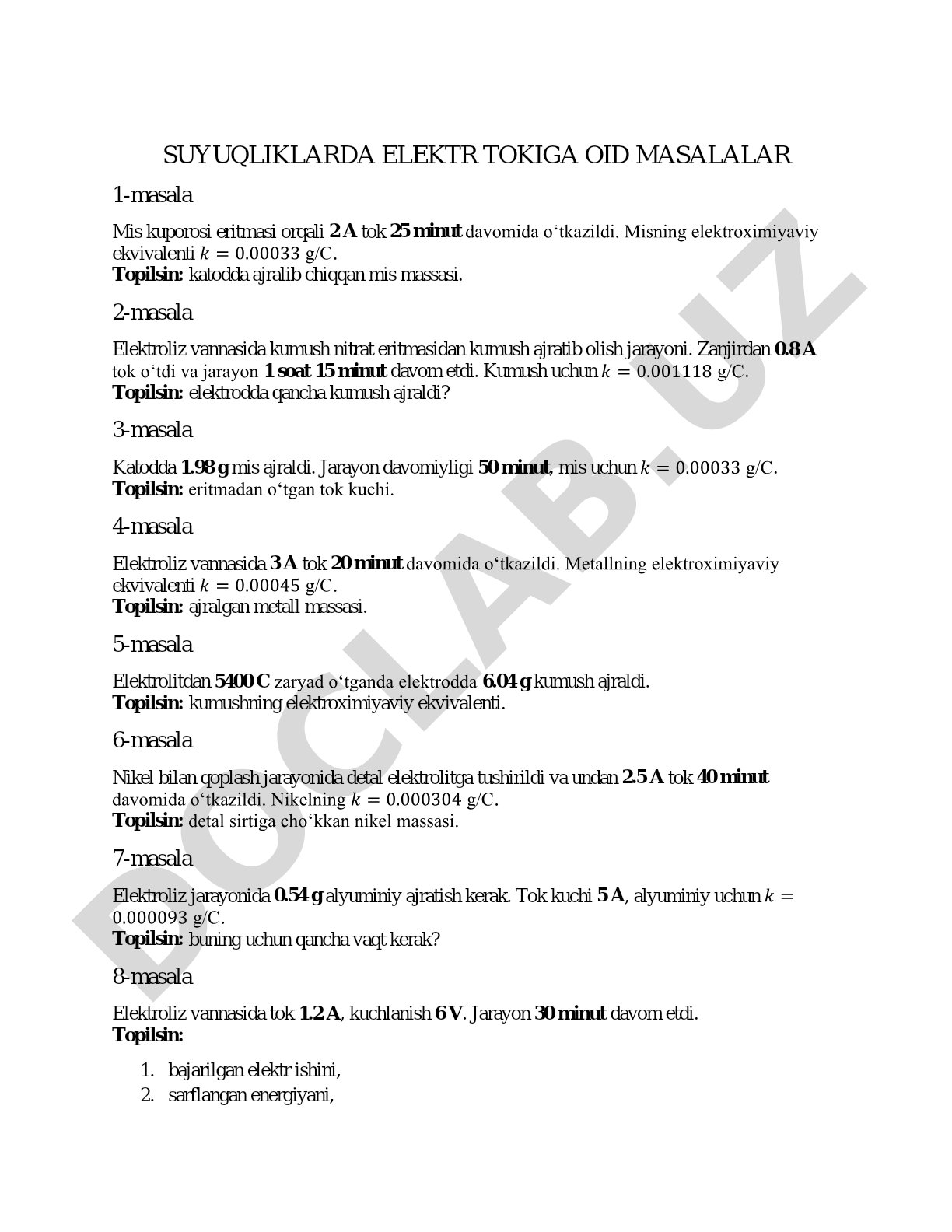 Suyuqliklarda elektr tokiga oid masalalar