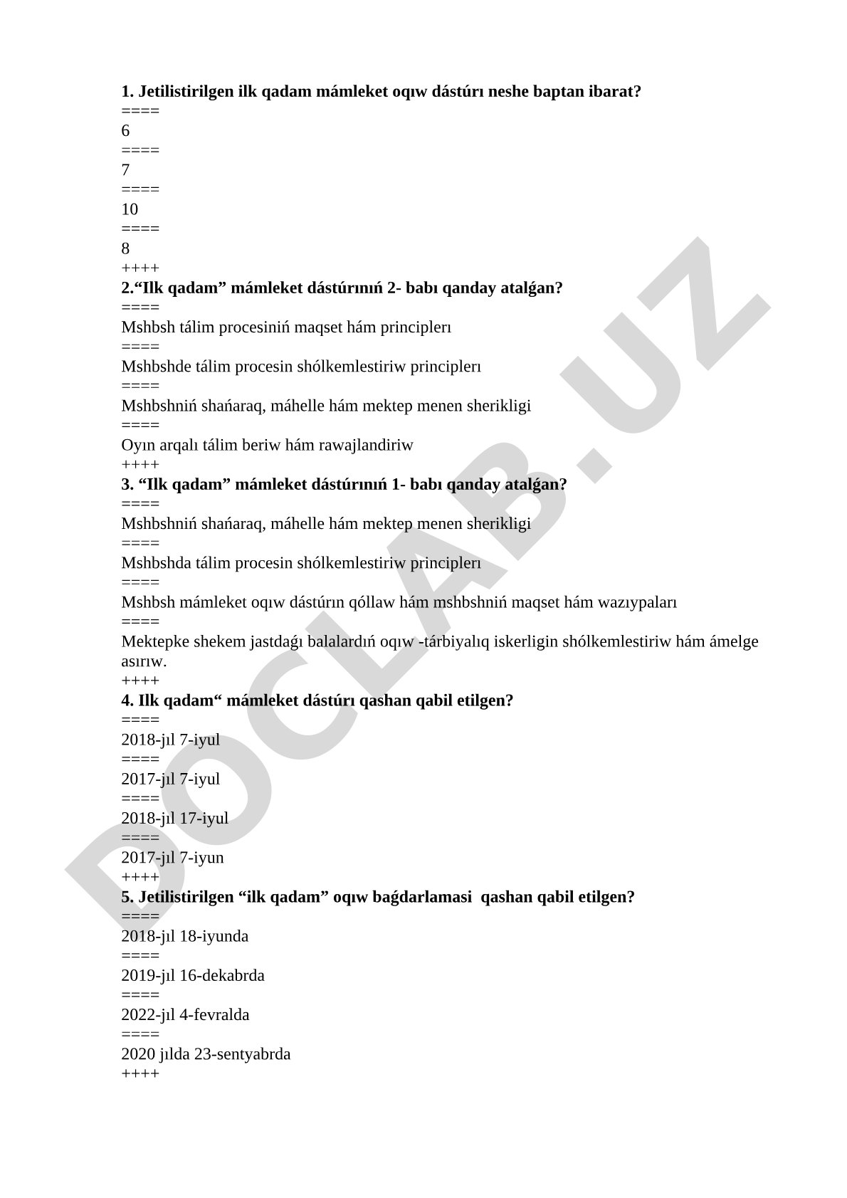 Ilk qadam mámleket oqıw dástúrı boyınsha test sorawları