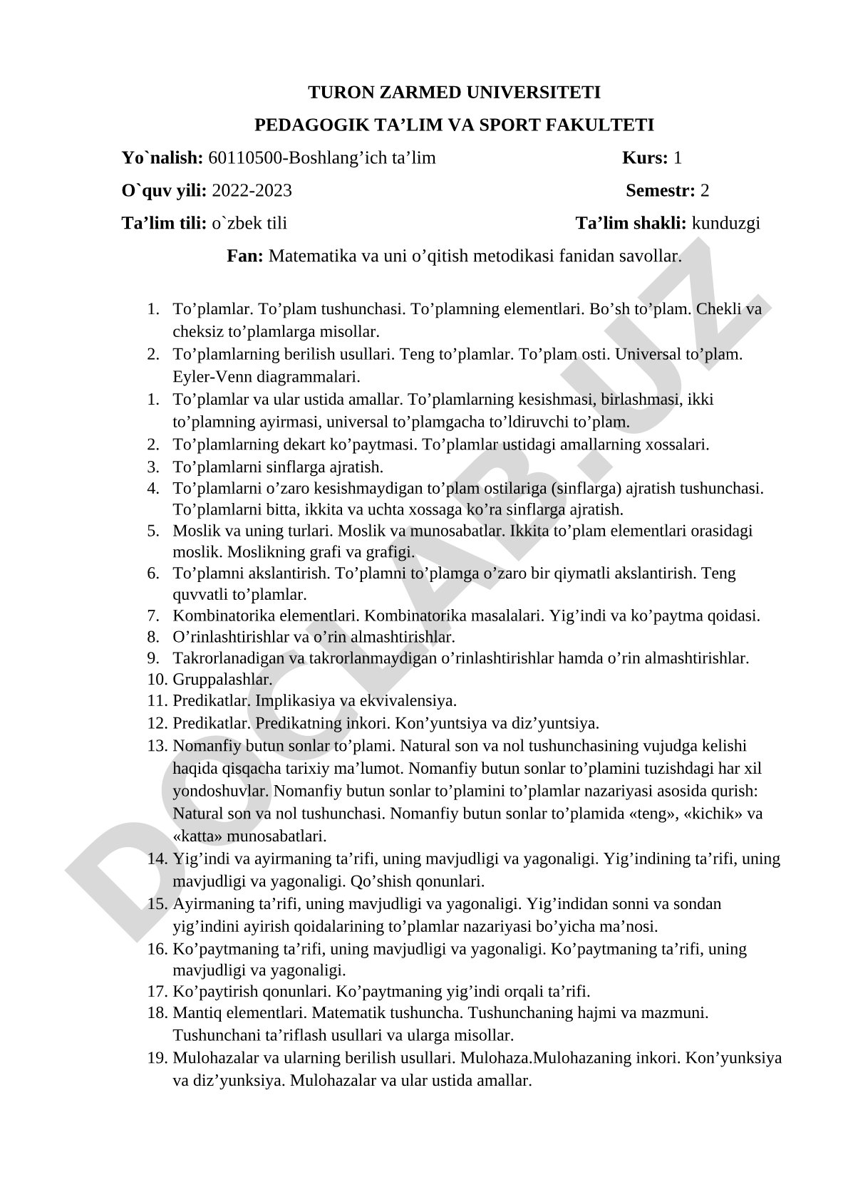 Matematika va uni o’qitish metodikasi fanidan savollar