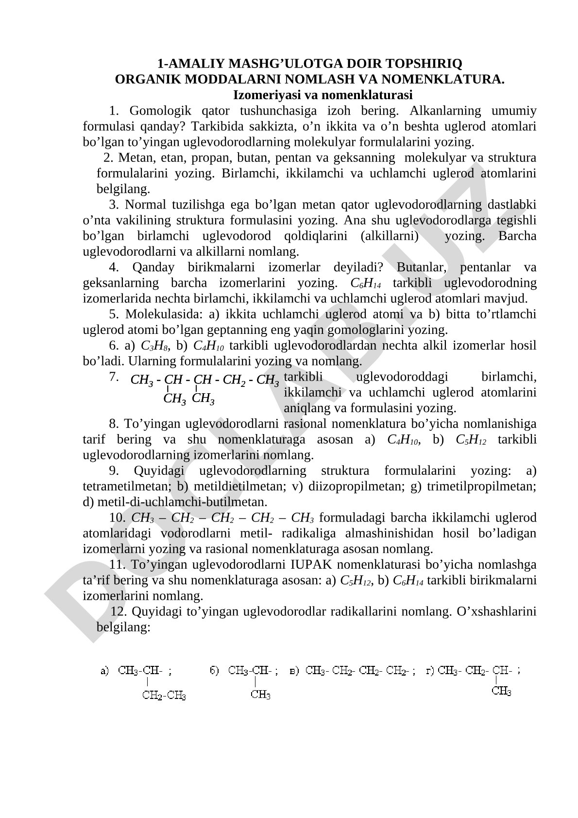 1-AMALIY MASHG’ULOTGA DOIR TOPSHIRIQ ORGANIK MODDALARNI NOMLASH VA NOMENKLATURA
