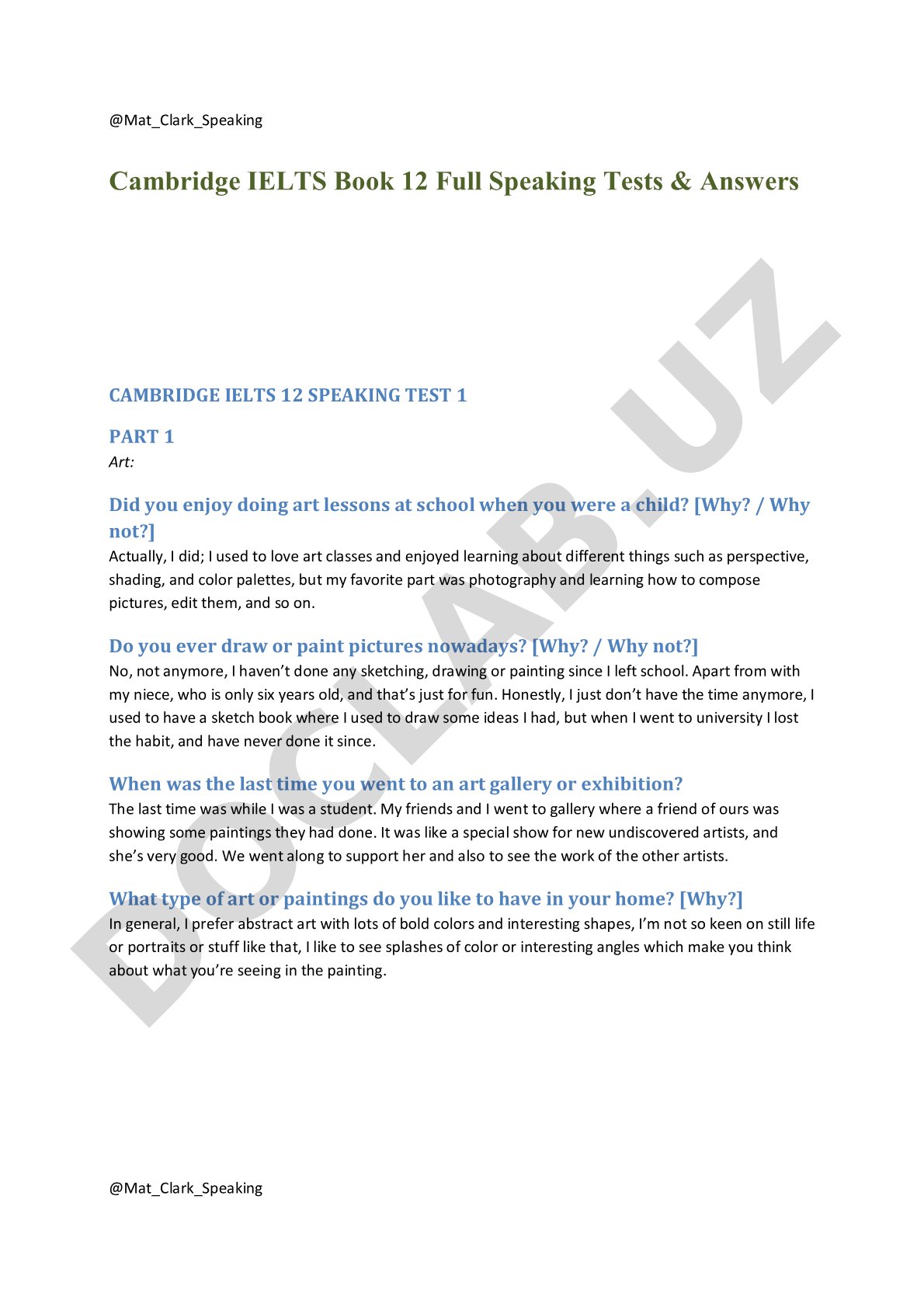 Cambridge IELTS 12 Speaking Test 1 Sample Answers