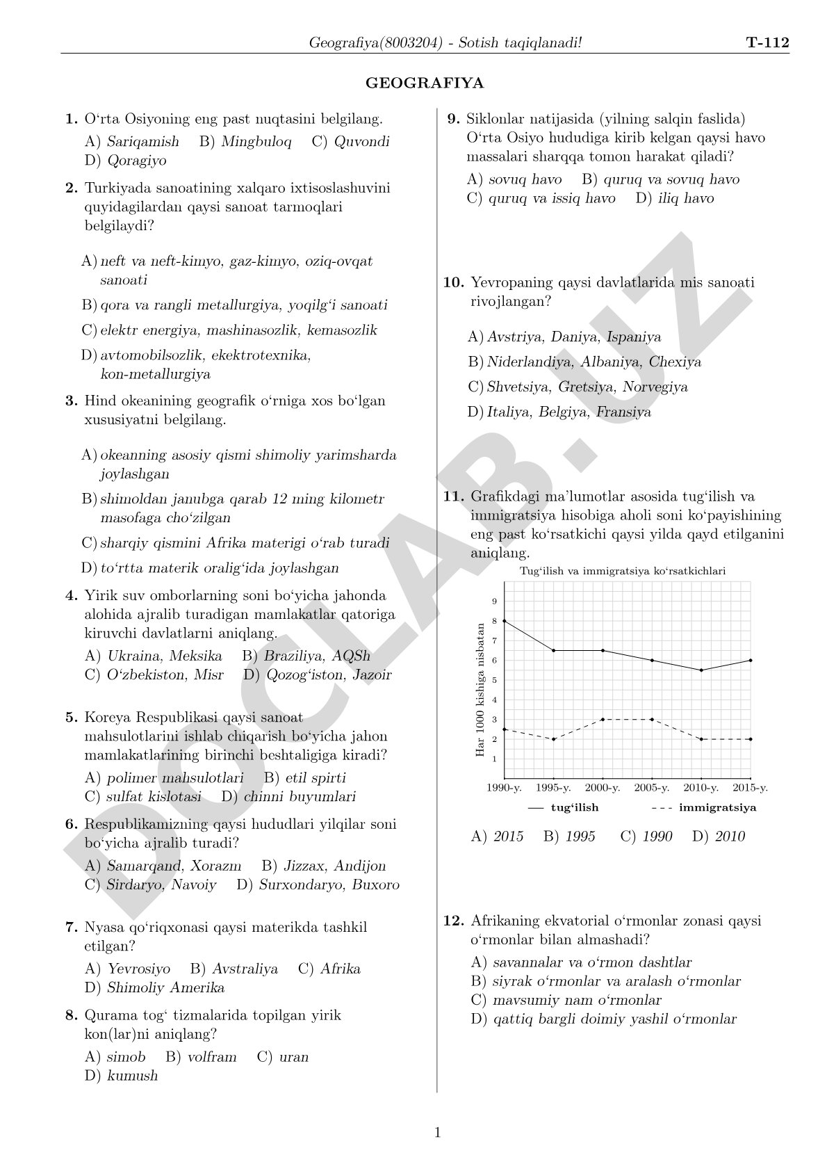 Geografiya fanidan test savollari
