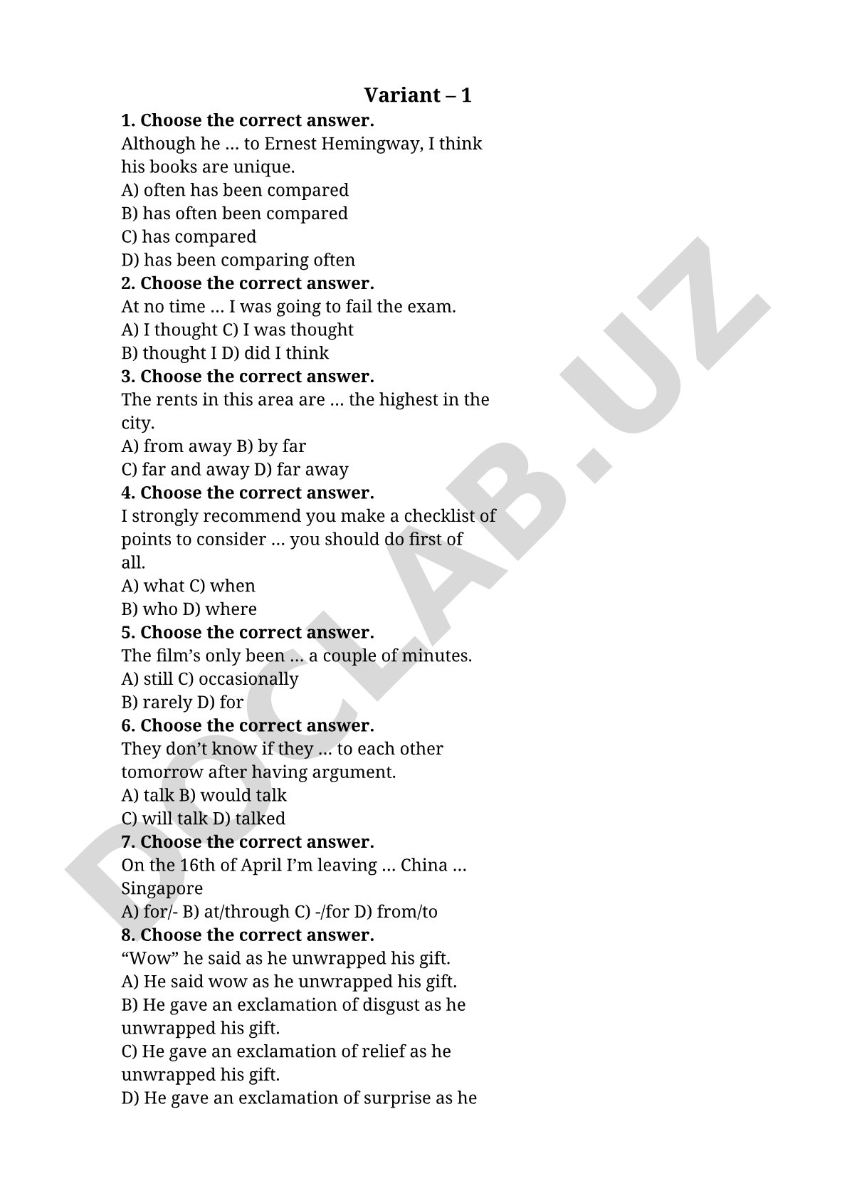 English Grammar Multiple Choice Questions