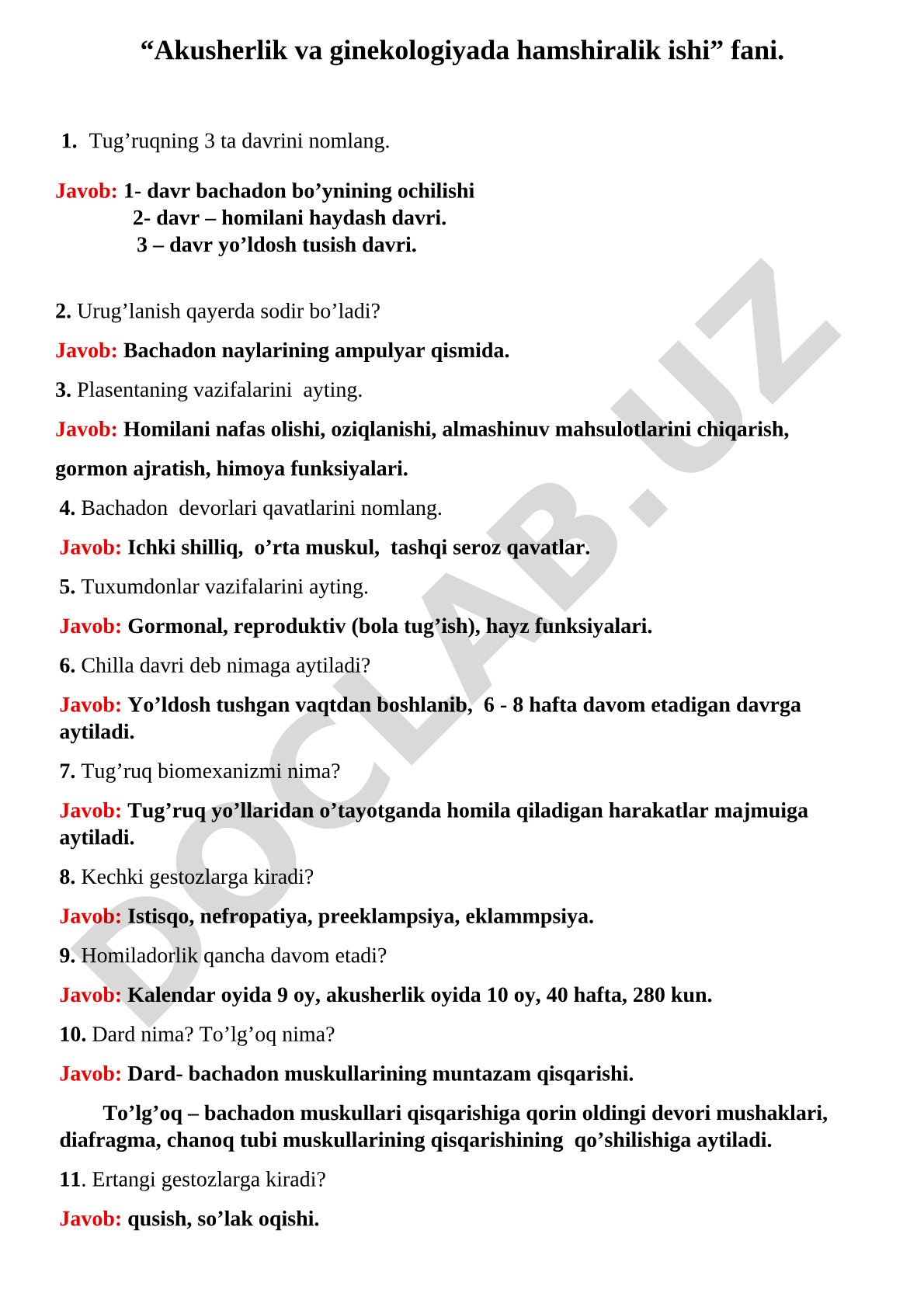 Akusherlik va ginekologiyada hamshiralik ishi fanidan savol-javoblar