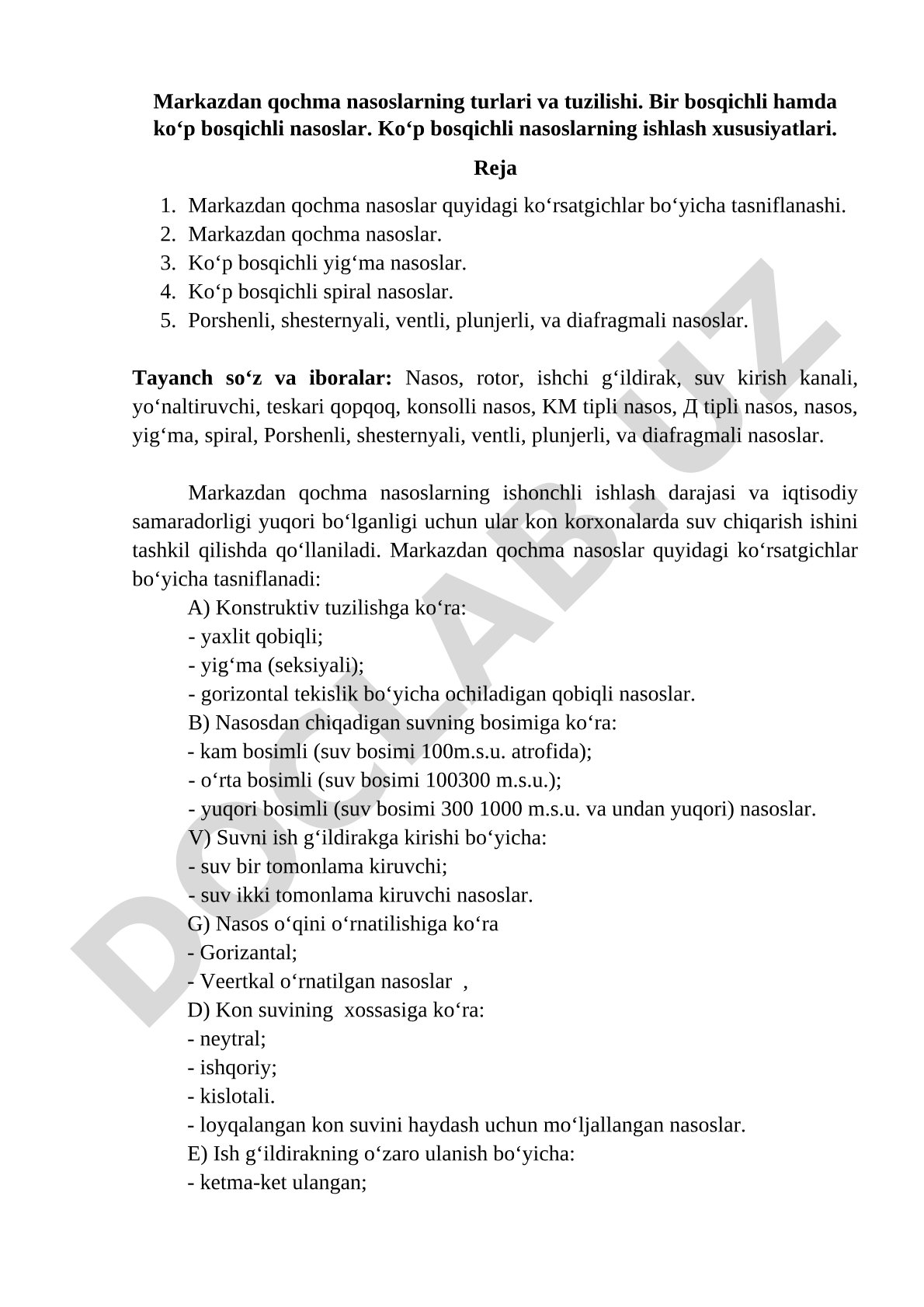 Markazdan qochma nasoslarning turlari va tuzilishi.