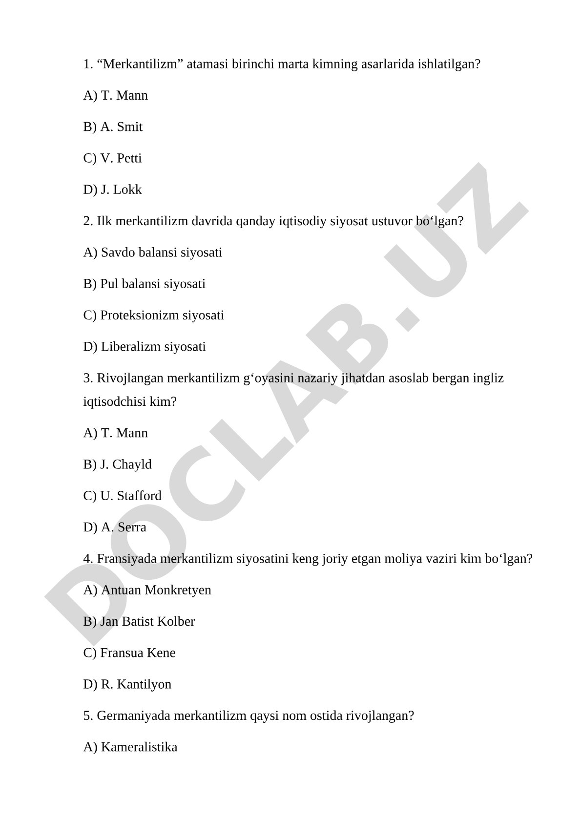 Merkantilizm bo'yicha test savollari