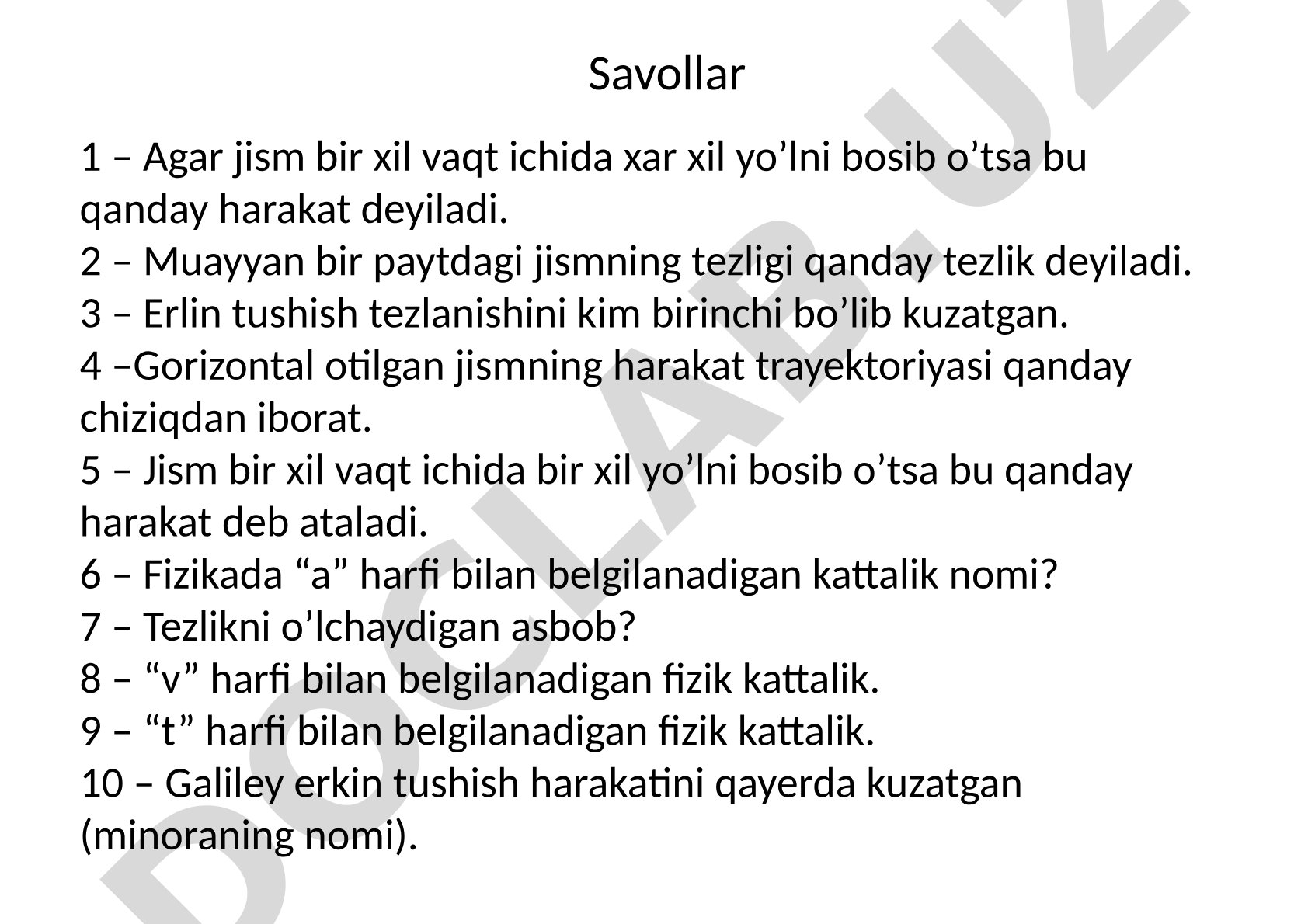 Fizika fanidan harakat va tezlikka oid savol-javoblar