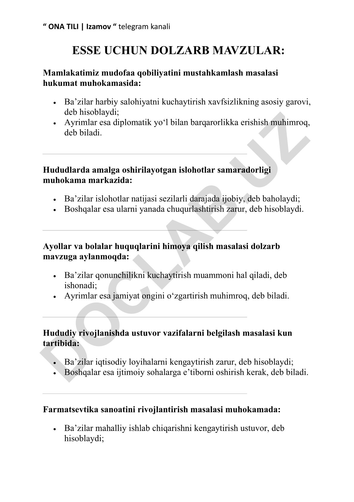 O'zbekistonda mudofaa qobiliyati, islohotlar, ayollar huquqlari va farmatsevtika rivojlanishi mavzulari