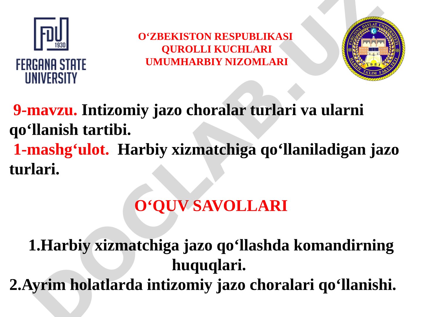 Intizomiy jazo choralar turlari va ularni qo‘llanish tartibi
