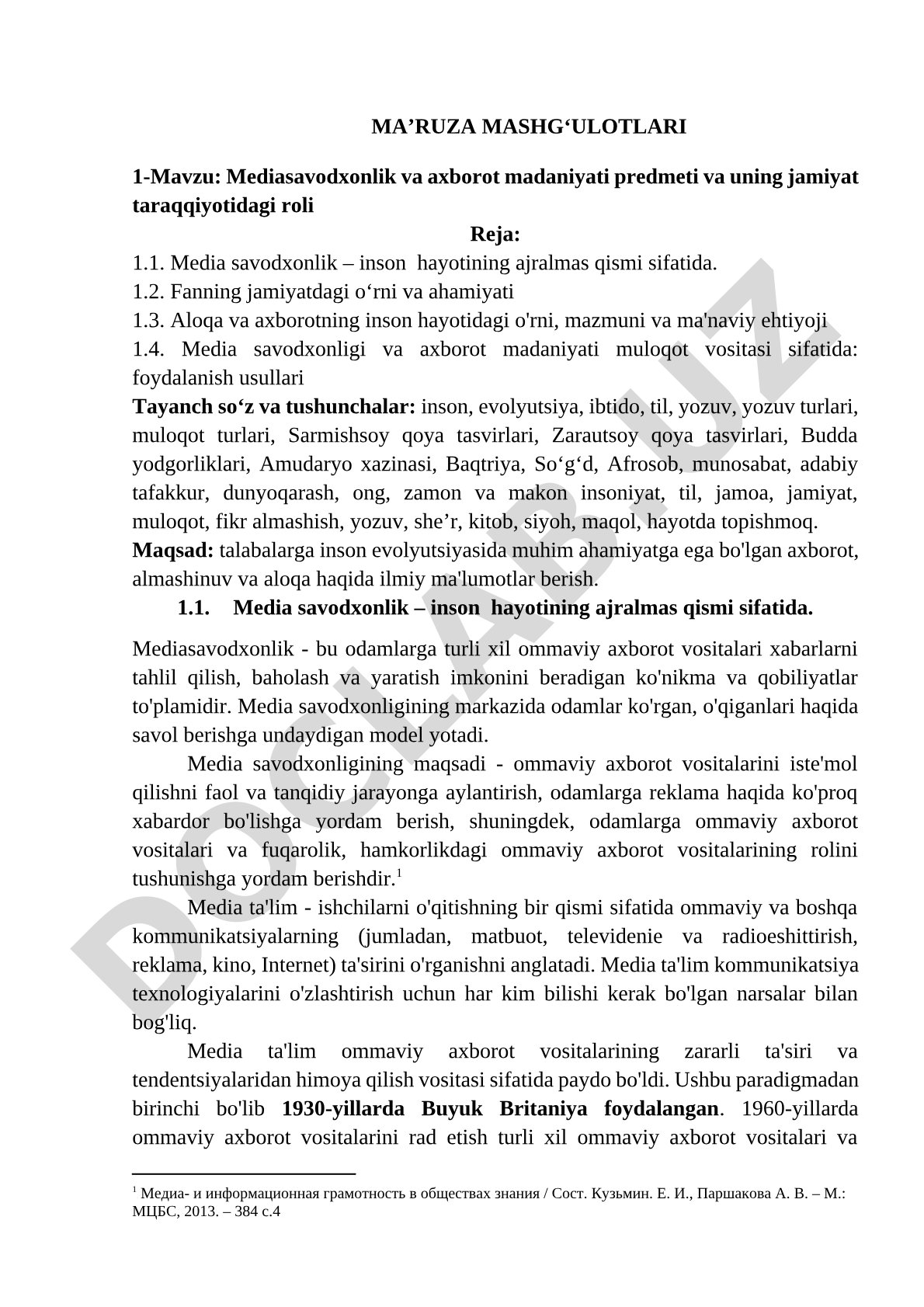 Mediasavodxonlik va axborot madaniyati predmeti va uning jamiyat taraqqiyotidagi roli
