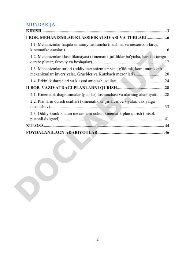 Mehanizmlar klassifikatsiyasi, turlari va kinematik planlarini qurish