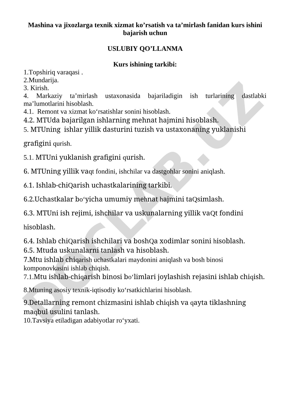 Mashina va jihozlarga texnik xizmat ko'rsatish va ta'mirlash fanidan uslubiy qo'llanma