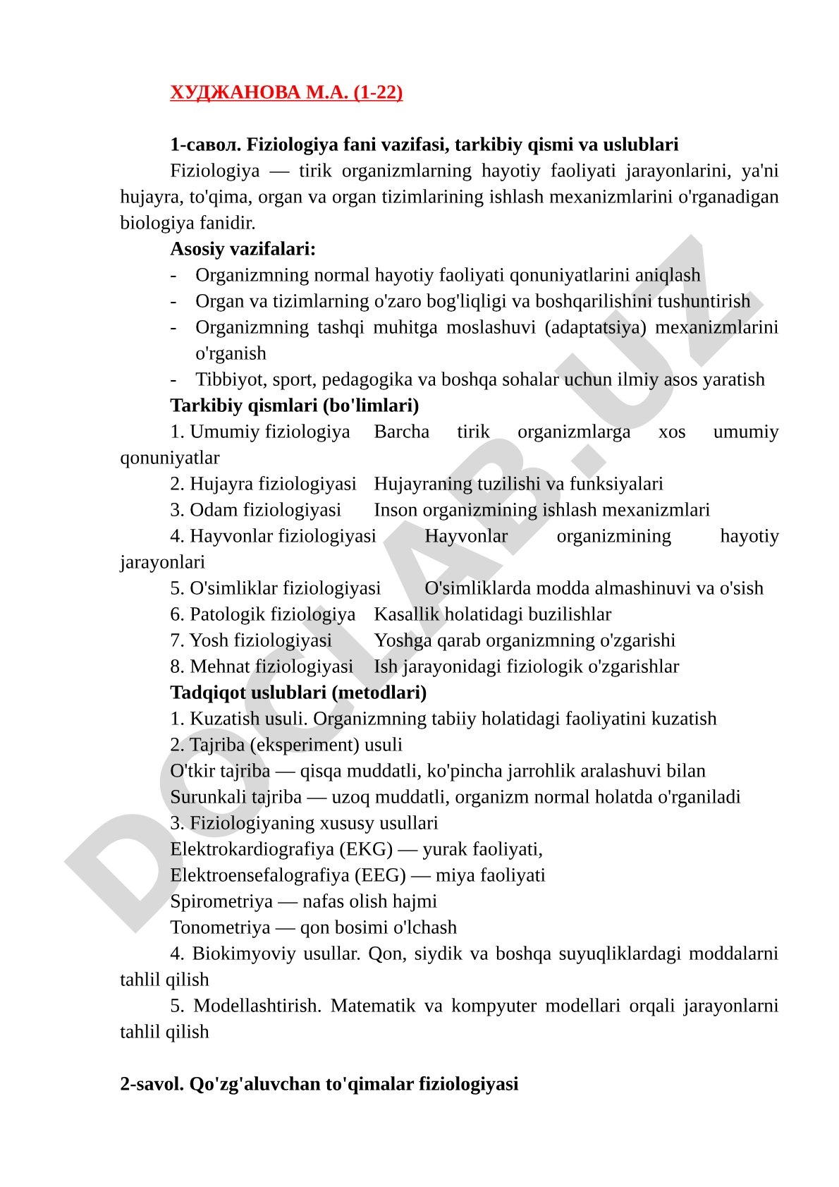Fiziologiya fani vazifasi, tarkibiy qismi va uslublari