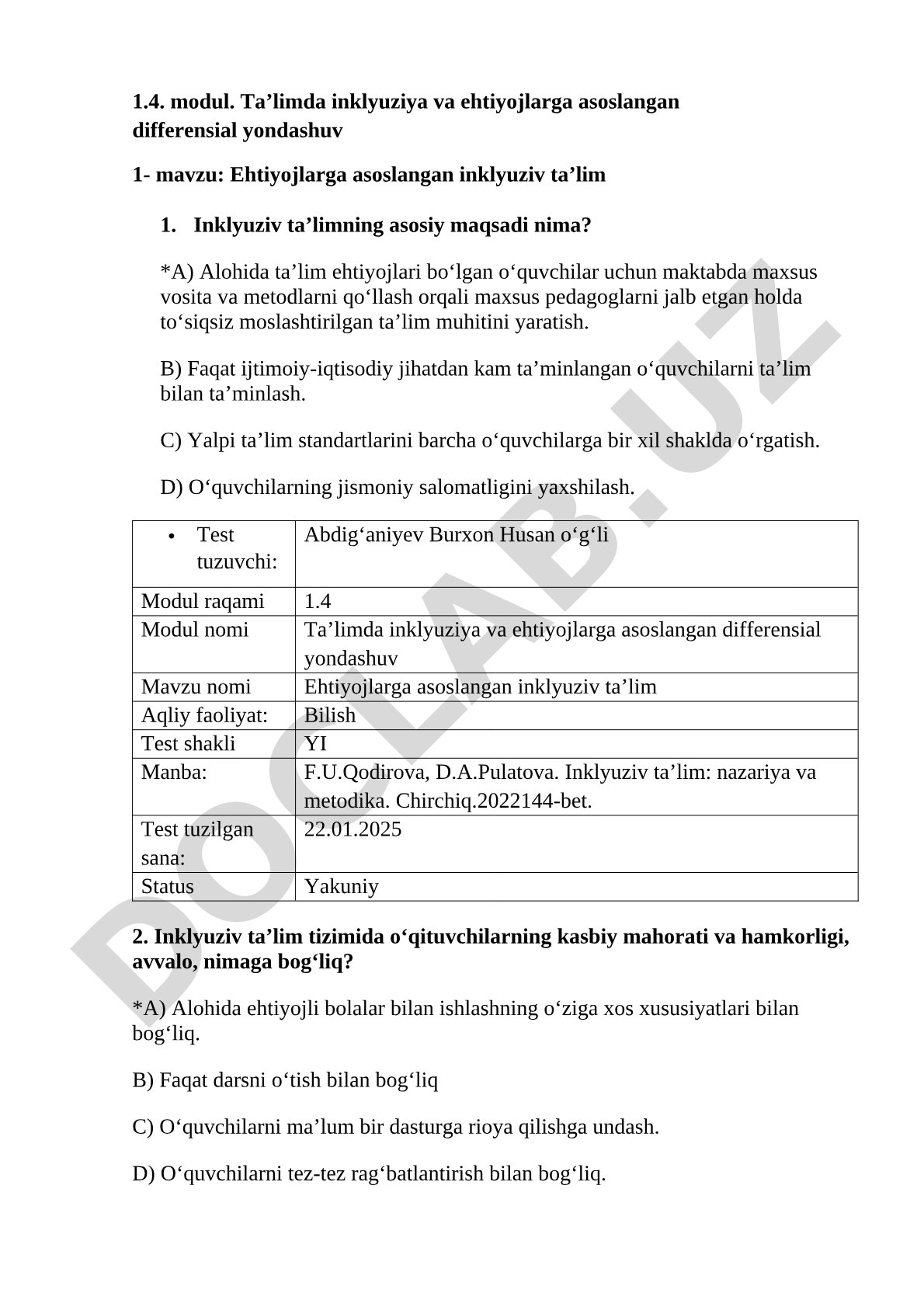 Ehtiyojlarga asoslangan inklyuziv ta'lim