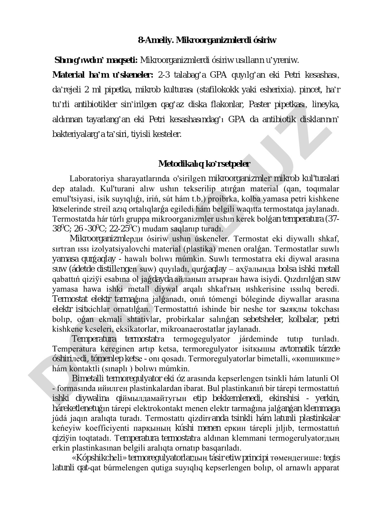 Mikroorganizmlerdi ósiriw usılların u'yreniw