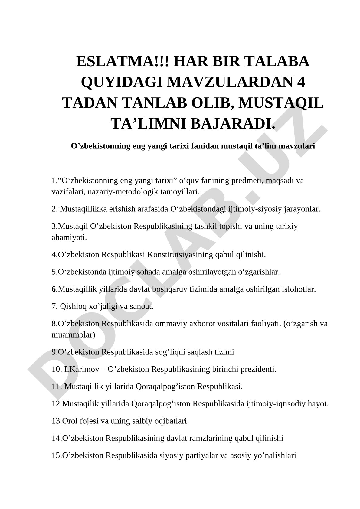 O'zbekistonning eng yangi tarixi fanidan mustaqil ta'lim mavzulari