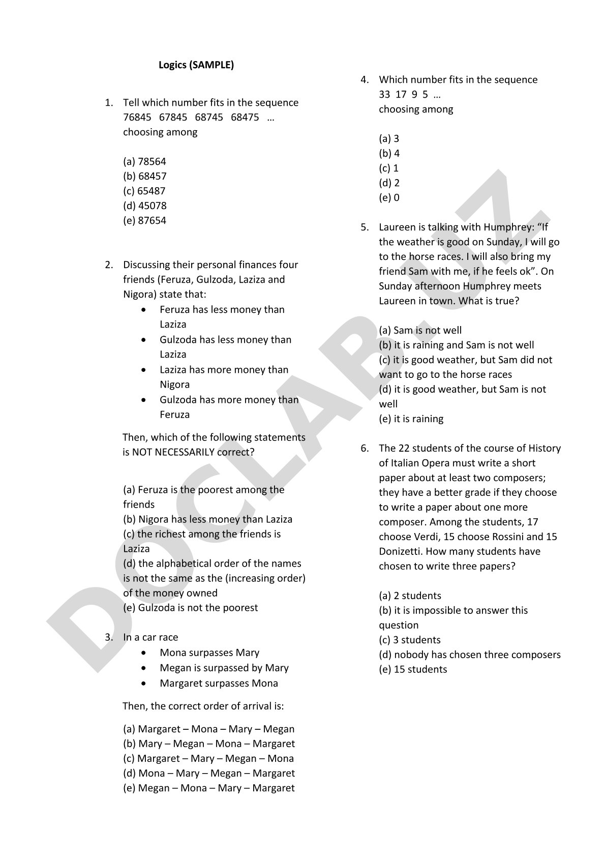 Logic reasoning sample questions