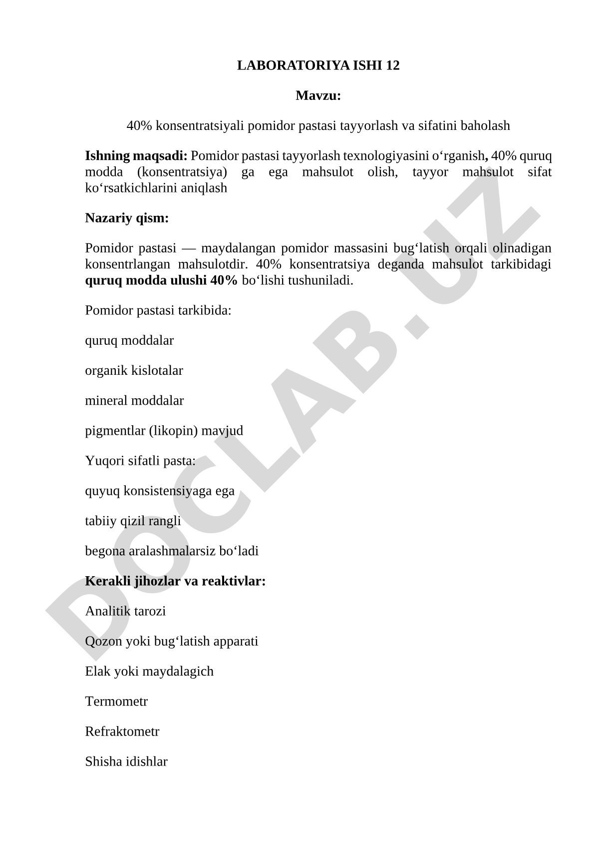 40% konsentratsiyali pomidor pastasi tayyorlash va sifatini baholash