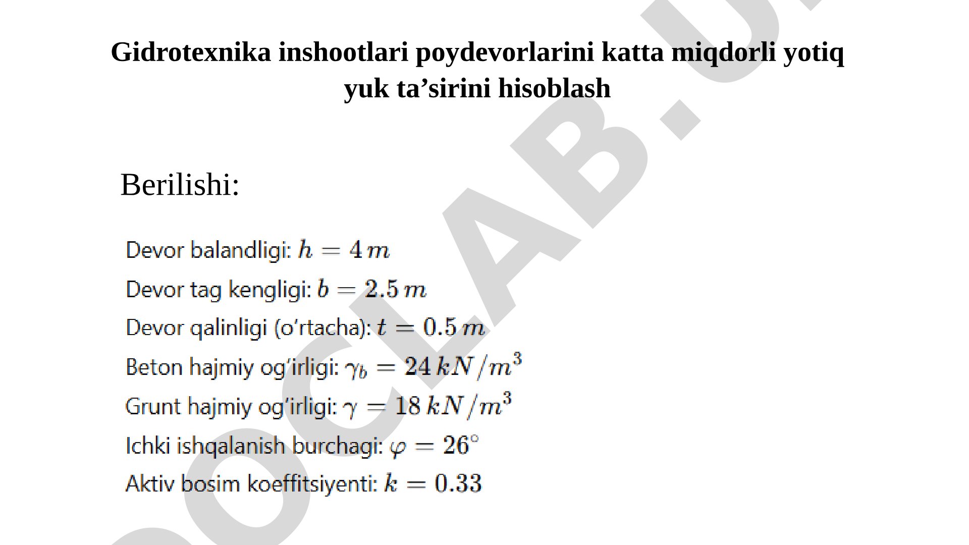 Gidrotexnika inshootlari poydevorlarini katta miqdorli yotiq yuk ta'sirini hisoblash